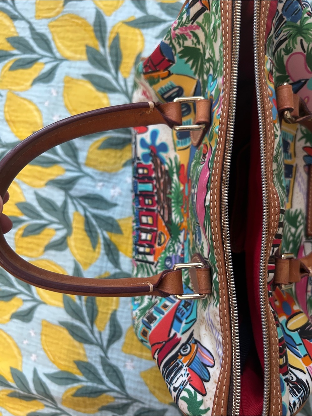 Dooney & Bourke Barrel bag Multicolor Tropical Print Satchel with Brown Handles - Picture 11 of 14